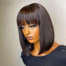 Malaysia Straight Bob Human Hair Wigs Glueless Full Machine Made Wig With Bangs