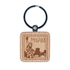 New York Destination Travel Engraved Wood Square Keychain Tag Charm
