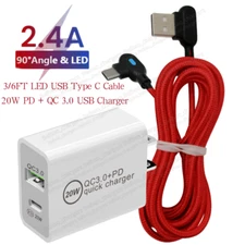 90 Degree USB Type-C Cable PD 20W QC3.0 Fast Charger Adapter Charger Cord 3/6Ft