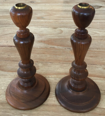 Fitzhugh Solid Turned Walnut Candle Sticks Holders (2) Tapered Mid century 10 
