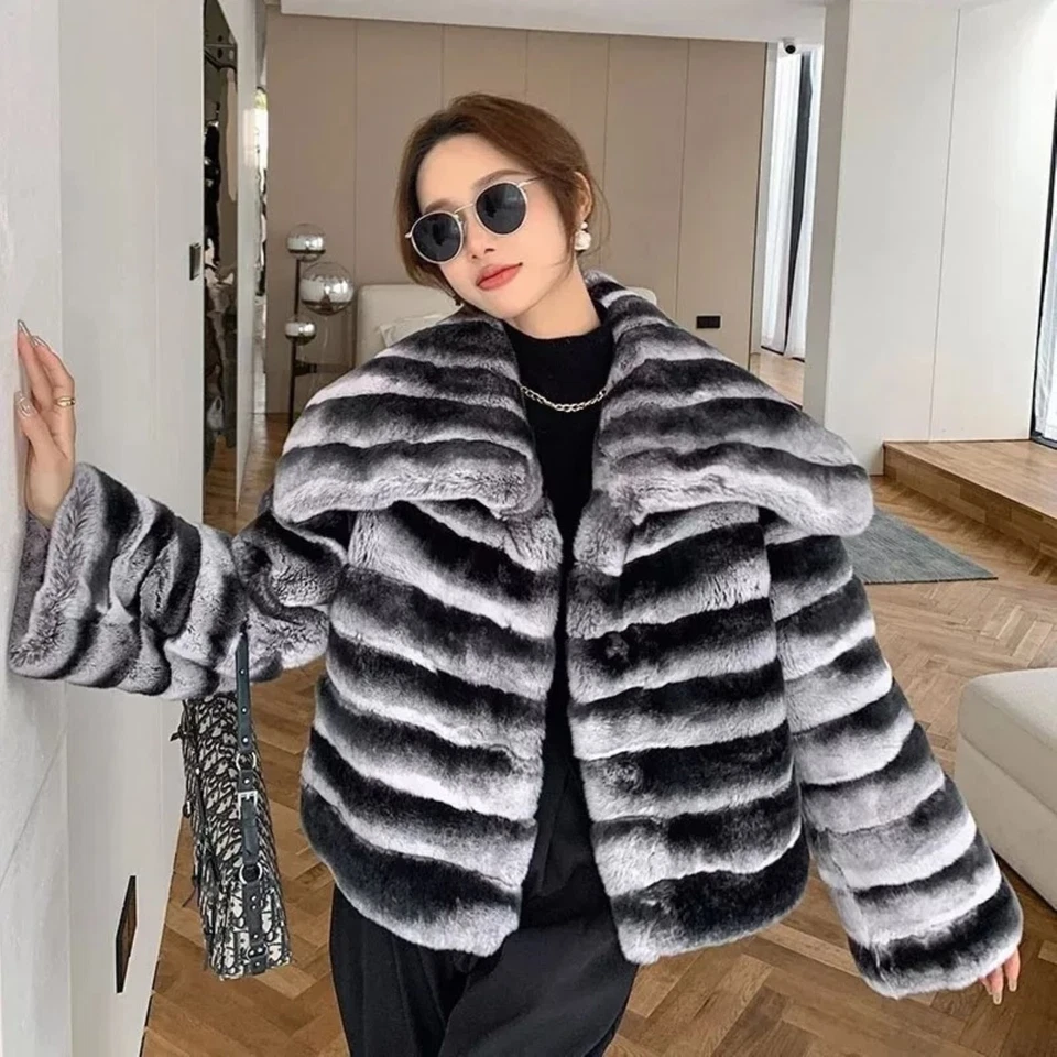 Women's  Winter Rex Rabbit Fur Large Collared Chinchilla Jacket Gift For Her - Image 2 of 4