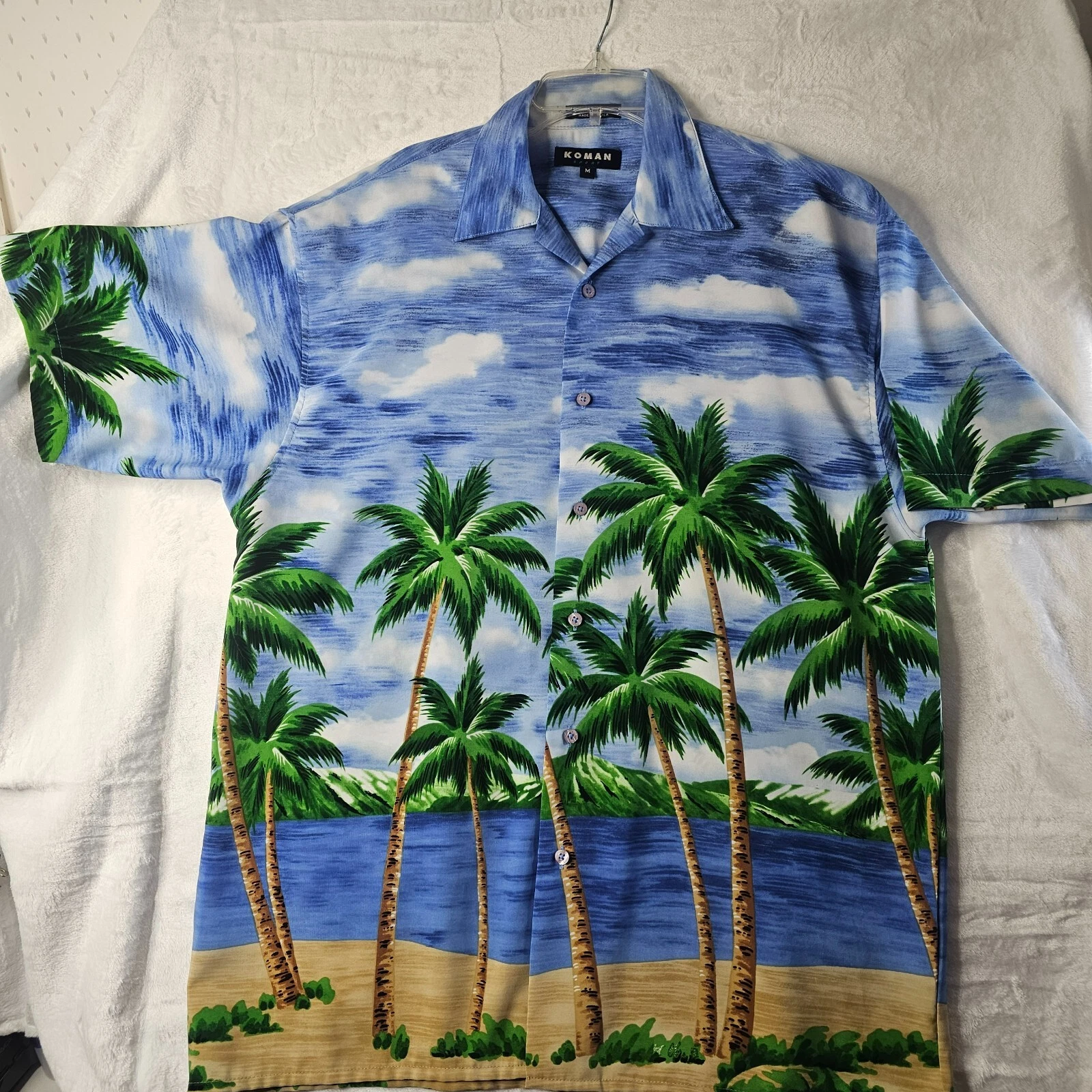 Koman Sport Men Shirt Beach Palm Tree Print Short Sleeve Button Up Size M Tropic