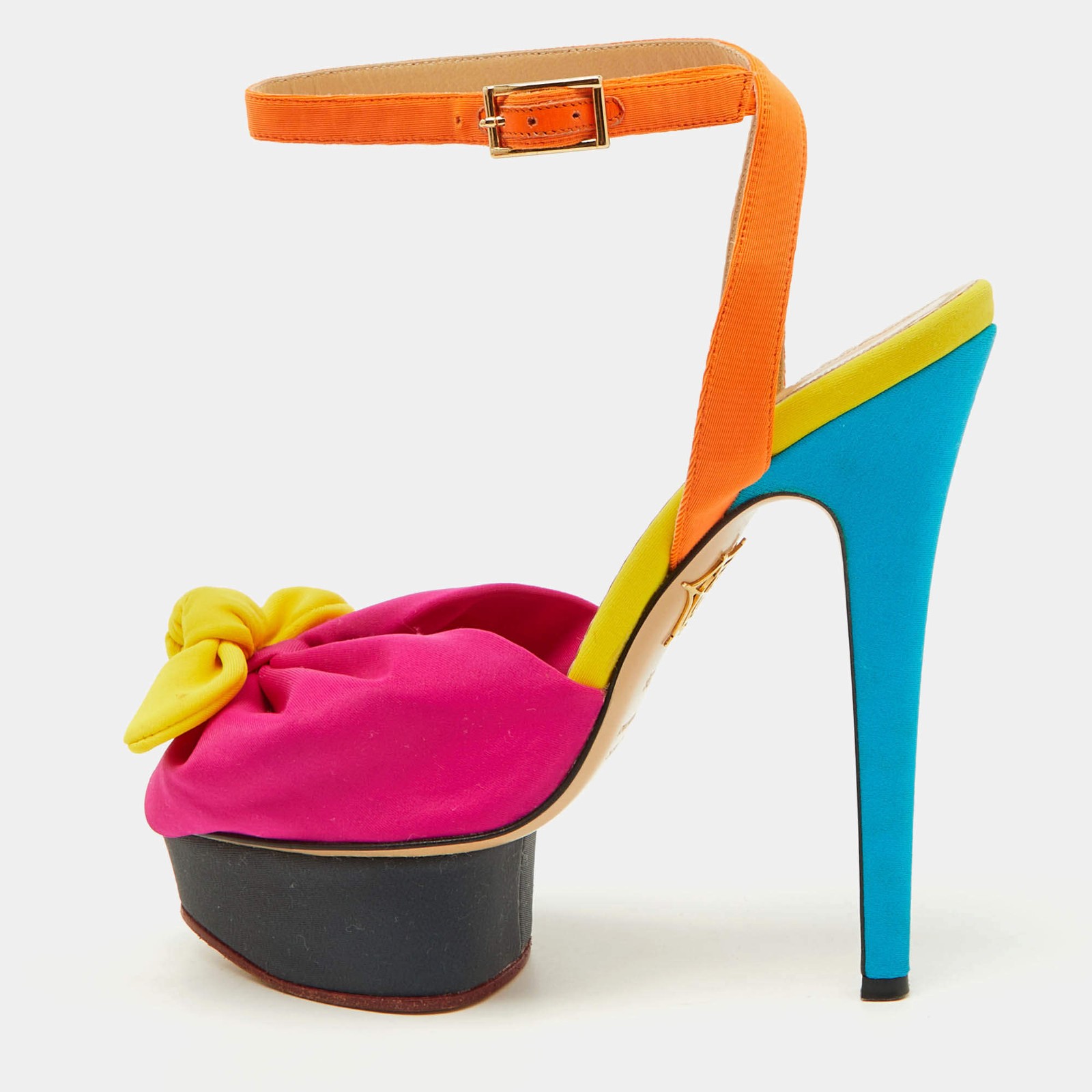 Charlotte Olympia Multicolor Fabric Serena Bow Ankle Strap Platform Sandals