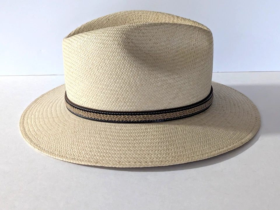Винтажная унисекс бежевая вручную сплетенная Эквадорская соломенная шляпа с полями 3 дюйма с ремешком один размер Town Talk - Изображение 3 из 4