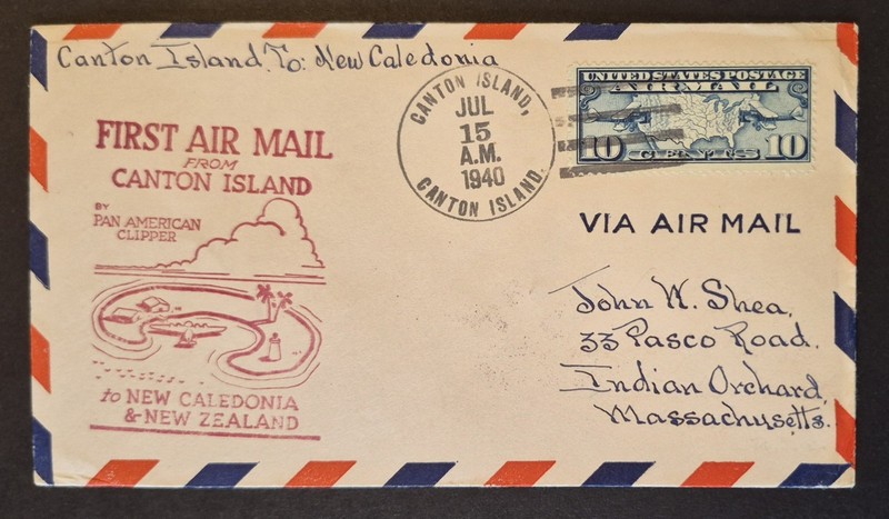 1940 First Flight Canton Island Noumea New Caledonia FAM19 F19-5a Air Mail Cover