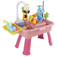3-IN-1 Kids Kitchen Sink Toy with Electric Faucet Water Table Play Sink Set