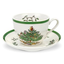 Spode Christmas Tree Teacup  Saucer Set - 7 Oz Earthenware Cup for Tea, Coffee,