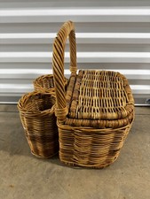 Vintage MCM Wicker Woven Picnic Basket with Handle Lid & 2 Wine Bottle Holders