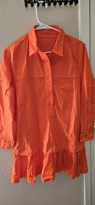 Women s Orange Solid Collared Button-Up Long Sleeve Ruffle Woven Blouse S