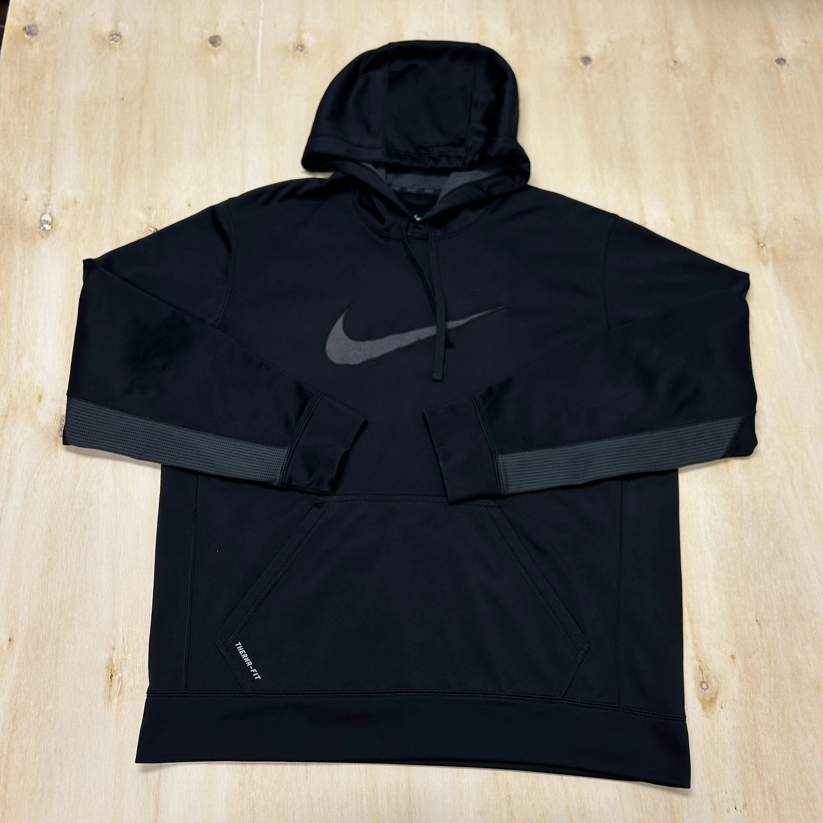 Y2K Nike Therma Fit Hoodie Mens Large Black Fleece Swoosh Logo Sweatshirt