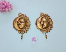 Sun  Moon Deity Face Wall Hook Brass Religious Wall Decor Set of 02 Piece DM398