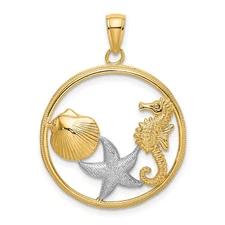 10k Yellow Gold Nautical Pendant with Rhodium Seahorse Starfish Seashell Frame