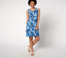 Denim & Co. Women's Petite Dress PL Beach Printed Jersey Knee Length Blue