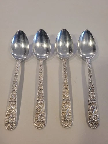 S. Kirk & Son REPOUSSE Sterling Set of 4 Teaspoons 5 7/8"