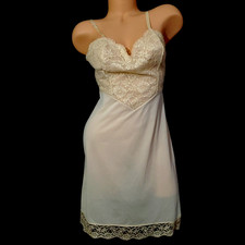 60s Vintage VANITY FAIR Full Slip CREAM LACE OVERLAY Silky Lingerie Nightgown XS