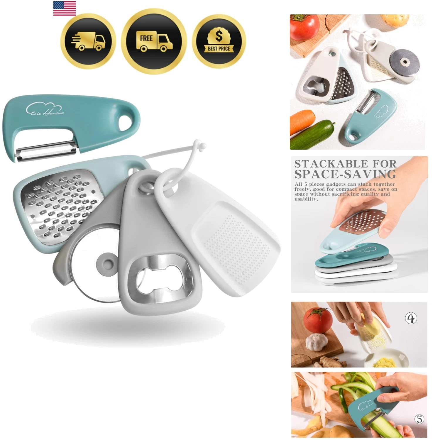 Kitchen Gadgets Set 5 Pieces, Stackable Cooking Tools Space Saving for Small ...