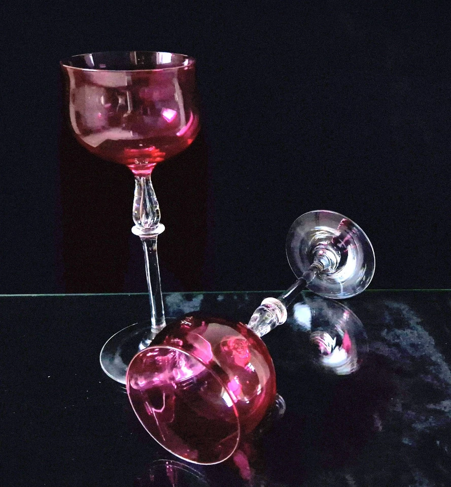 2 x Art Nouveau French Cranberry 'Nancy' Airtear Stem Wine Glasses c.1910 - Image 4 of 4