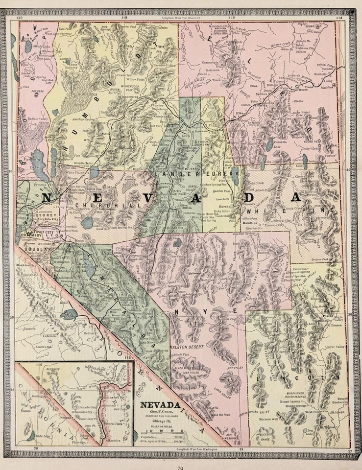 MAPA NEVADA 1885 - Original (12x9) GEORGE CRAM - FERROCARRILES MUNICIPIOS Foto 2 de 4