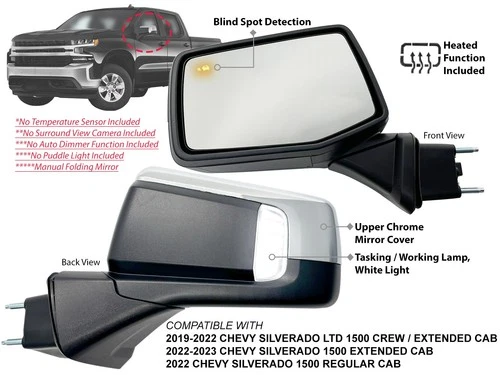 Side Mirror for SILVERADO 1500 2019-2023 with Lamp BSD Chrome Cover Driver Side