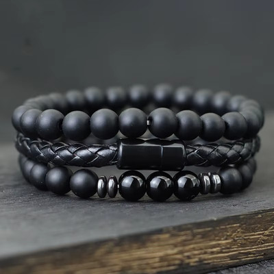Noter 3Pcs Men Bracelet Set 8Mm Natural Onyx Tiger Eyes Stone Braclet Homme Mage