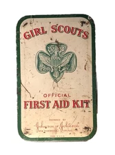 Girl Scouts 1950's Metal Green Red White First Aid Kit w/Clips