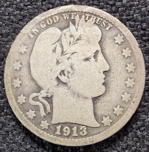 1913 Barber Quarter 90% Silver KM 114 Album-toned 113 year old coin-Free Ship NR