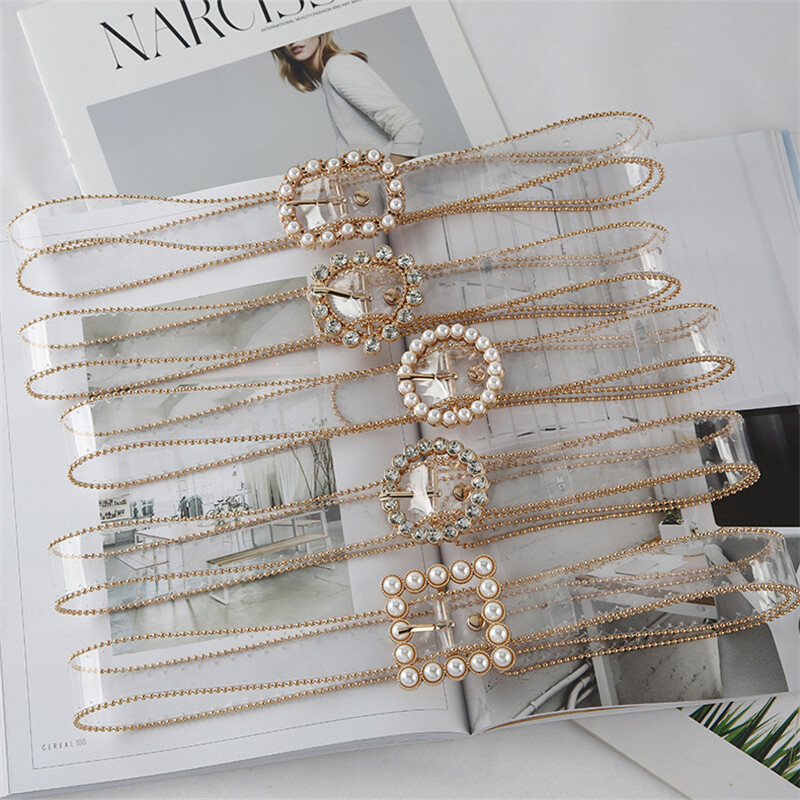 Women Transparent PVC Waistband Belt Strap Bead Rhinestone 