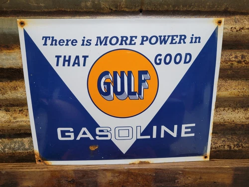VINTAGE GULF PORCELAIN SIGN OLD GASOLINE GAS PUMP PLATE US MOTOR OIL SERVICE 17"