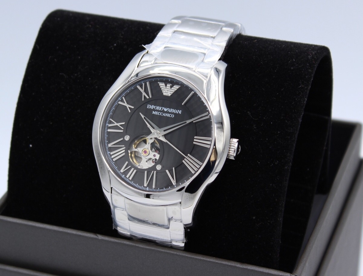 NEW AUTHENTIC EMPORIO ARMANI AUTOMATIC SKELETON SILVER BLACK MEN