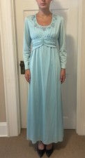 Vintage 1970s Powder Blue Long Dress Prom Gown with Flower Beading and Sash Sz S