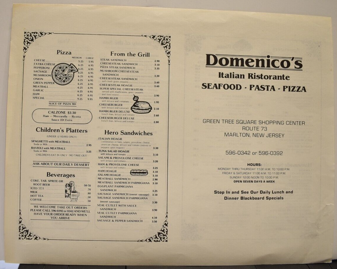 1980s Domenico's Seafood Pasta Pizza Italian Restaurant Menu Marlton