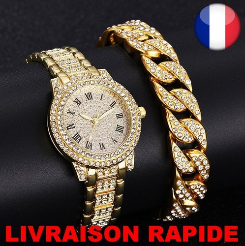 Montre femme cristal strass Silver Argenté bracelet cuir noir