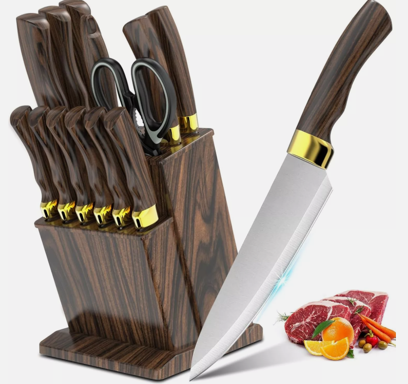 Knife Set, 15-Piece Kitchen Knife Set with Block Wooden German Stainless Steel-image
