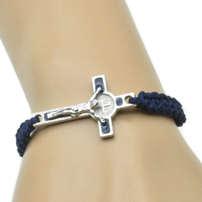 Blue Cord Saint Benedict Medal Crucifix Cross Macrame Bracelet  Adjustable