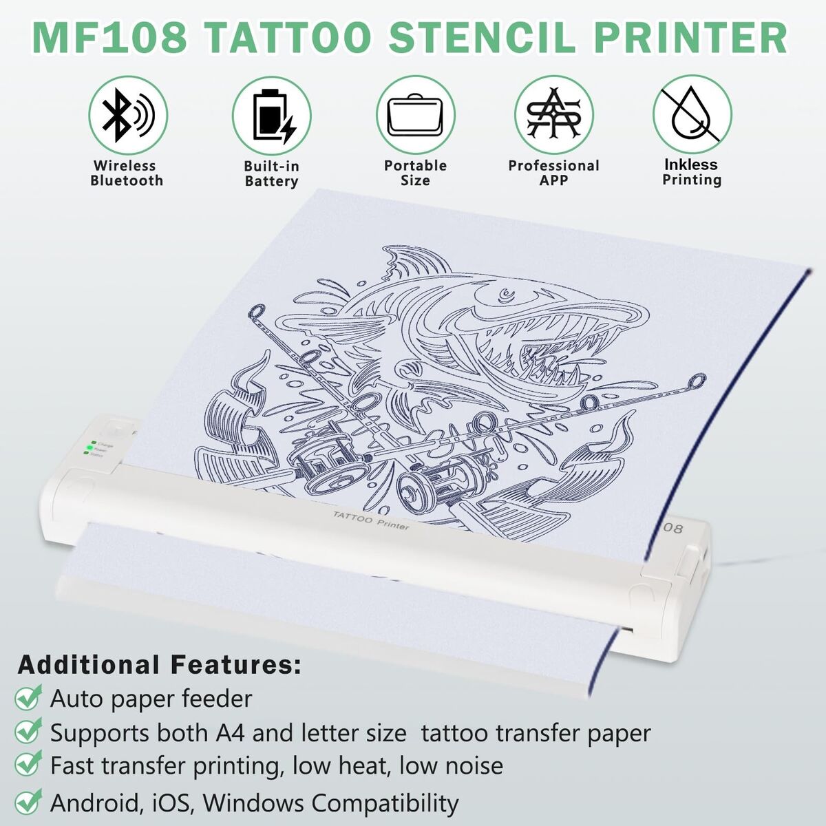 New MFoffice MF108 Tattoo Stencil Printer, Bluetooth Thermal IOS Android  Tablets
