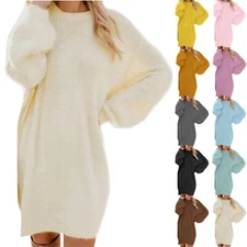 Womens Sweaters Casual Fuzzy Crewneck Long Sleeve Oversized Sweater Dress Loose
