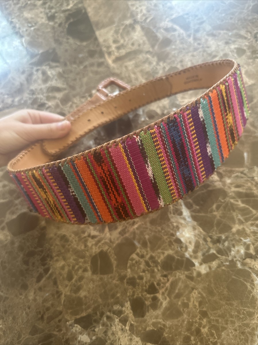 Vintage 90s Guatemala Textile Wide Waist Leather Belt Size 28 Lands End Vtg. Lands End 90s RARE Leather Tribal Aztec Western Wide  main image 2