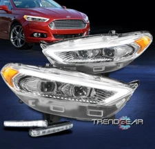 For 2013-2016 Ford Fusion LED Switchback Chrome Halogen Projector Headlight +DRL