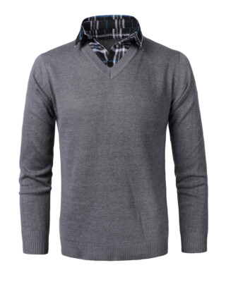 Herren 2 in 1 Kragen Strick Pullover Langarm Hemd Strickjacke V-Ausschnitt LP-//