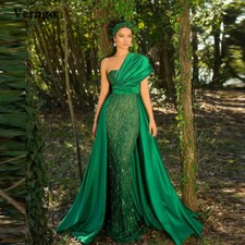 Green Mermaid Beaded Satin Prom Party Pageant Dress Evening Formal Shower Gown