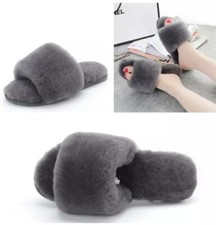 CO-SY Ladies Women Genuine Wool Sheepskin Indoor Open Toe Hard Sole Slippers 