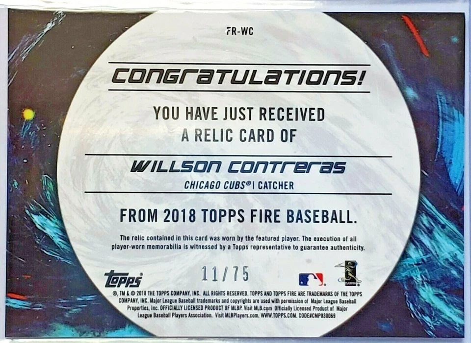2018 Topps Fire Relics Green Willson Contreras Chicago Cubs #FR-WC 11/75 - Image 2 of 2