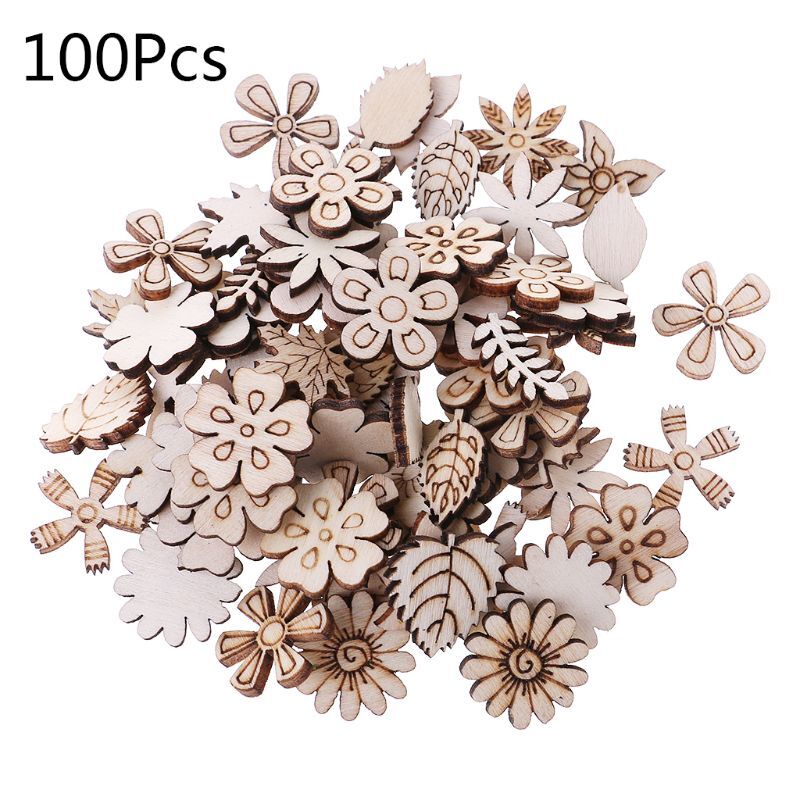100pcs Laser Cut Wood Flowers and leaves Embellishment Wooden