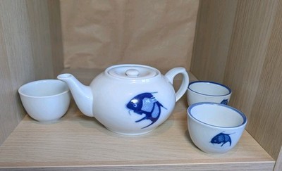 Vintage Royal Classic blau & weiß Koi Fisch Porzellan Teekanne & 3 Tassen Set