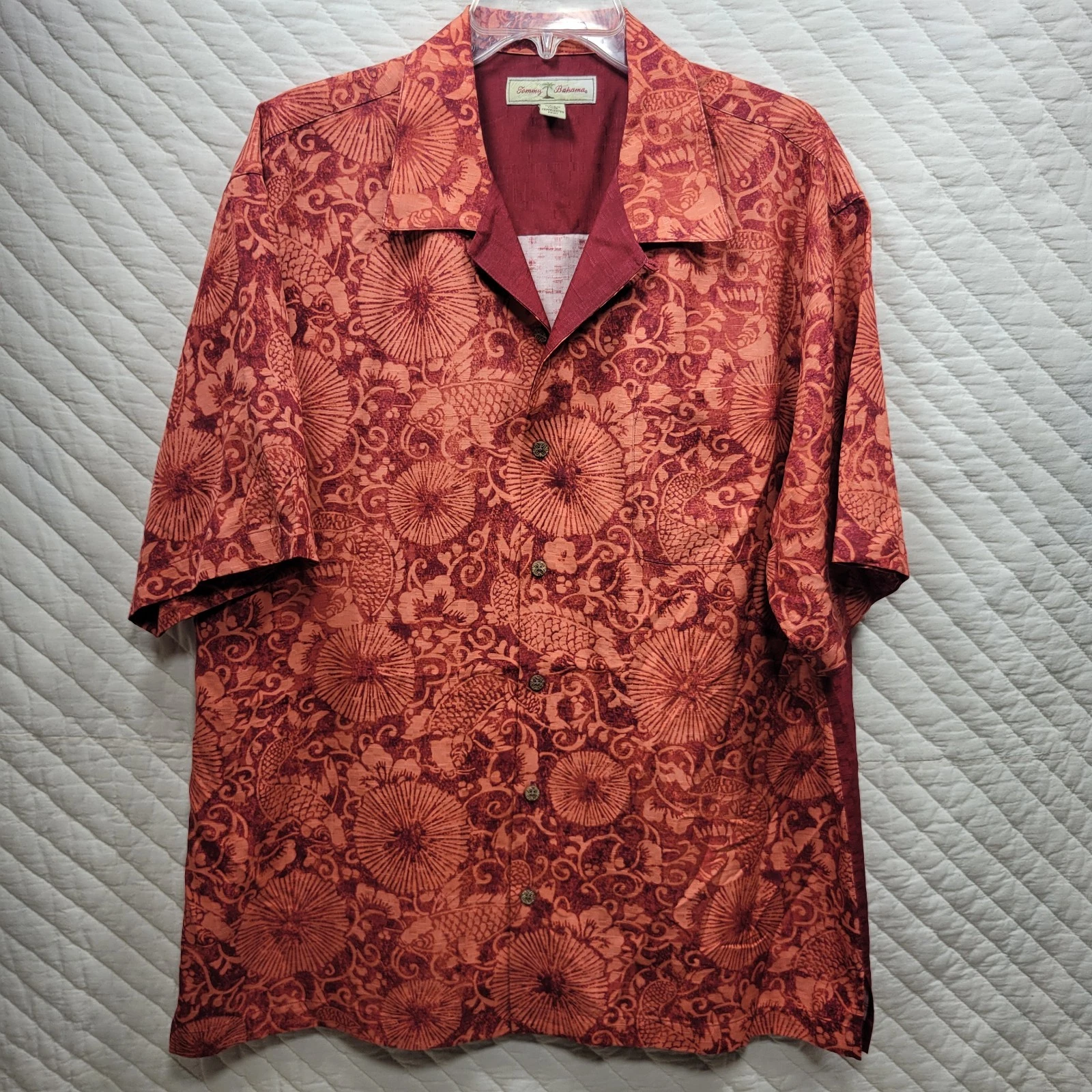 Tommy Bahama Mens Large 100% Silk Floral Fish Shirt Red Button Up Camp RARE LOUD