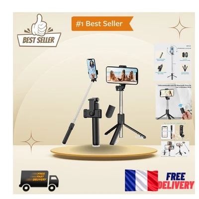 Perche Selfie Trépied 3 en 1 avec Télécommande - Longueur 68 cm Réglable - Photo 1/4