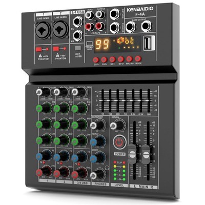 Audio Mixer, Professional DJ Mixer Sound Board 99 DSP Effect, 7-Band EQ, 4 Chann