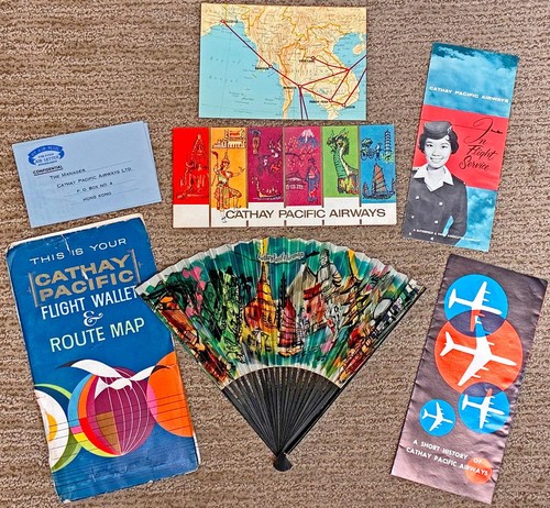 1963 CATHAY PACIFIC AIRWAYS souvenir vacation flight literature & fan—7 PCS
