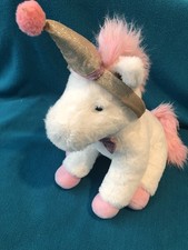 FAO Schwarz 12  White Horse W/Attached Gold Sparkly Party Hat. Pink Tail Hooves
