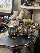 Antique GORGEOUS EXCELLENT! Cream & Sugar Silverplate Set GOLD LINED